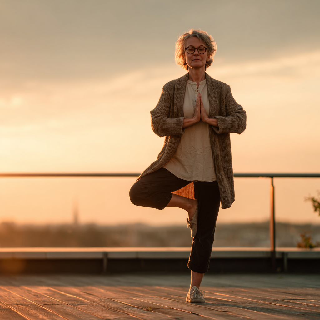 Modern jóga gyakorló nő természetes környezetben